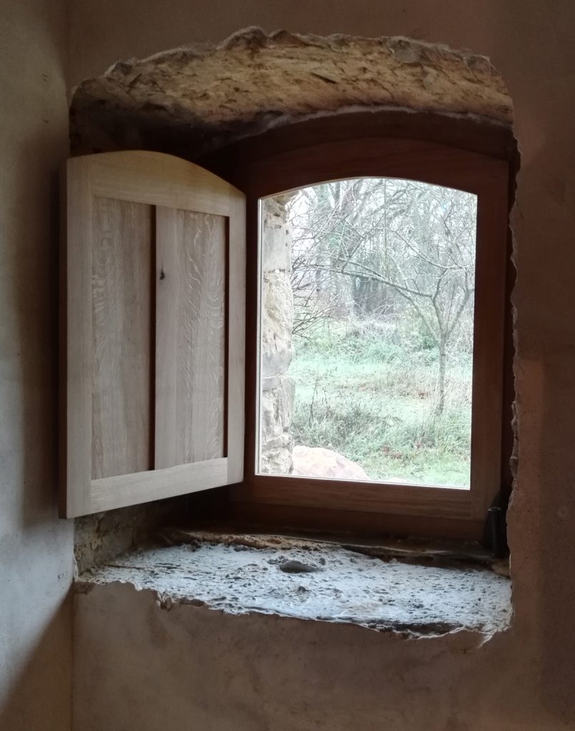 Arched oak window and oak shutter handmade in France