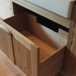 Soft-close bin drawer for bespoke free standing oak kitchen unit