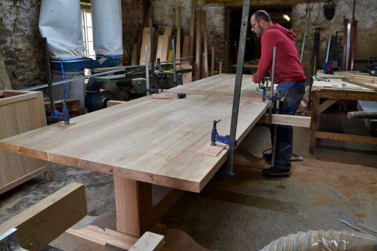 Four metre oak dining table in progress in the workshop