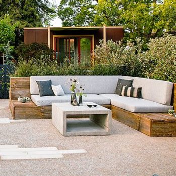 Outdoor bench seating with cushions