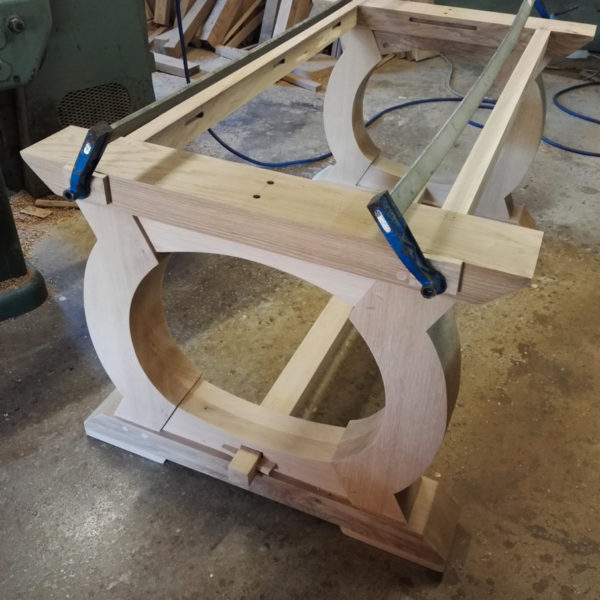 Bespoke table base at the clamping and pegging stage