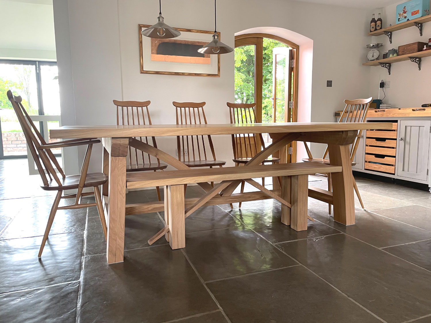 Contemporary oak refectory table and zen dining bench for a client in Cheshire
