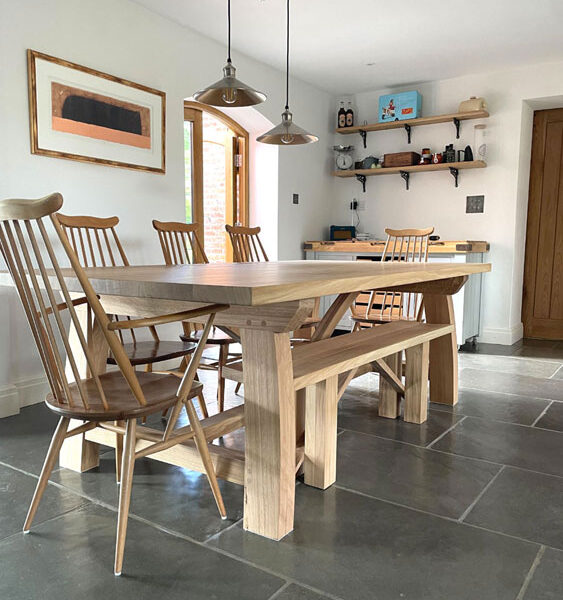 Our Contemporary Refectory Table and Zen bench in a rectangular kitchen space