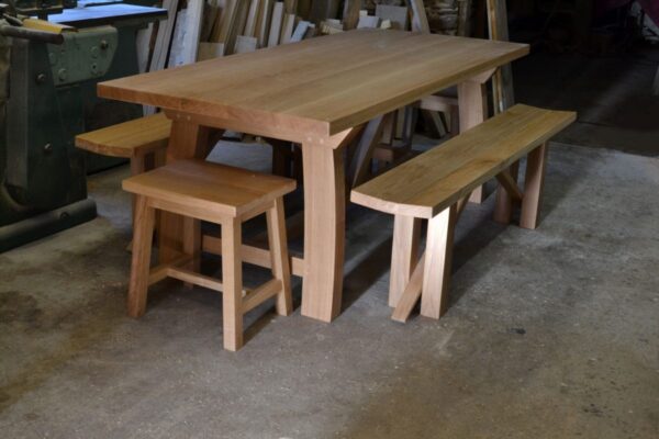 Oak kitchen table with benches and stools