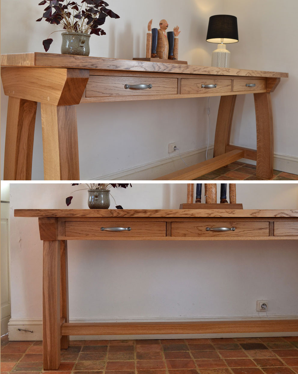 Oak console table with an amber osmo oil tint