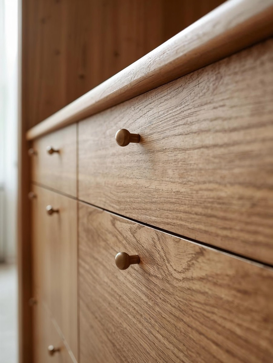 Contemporary oak kitchen drawers with small brass drawer knobs