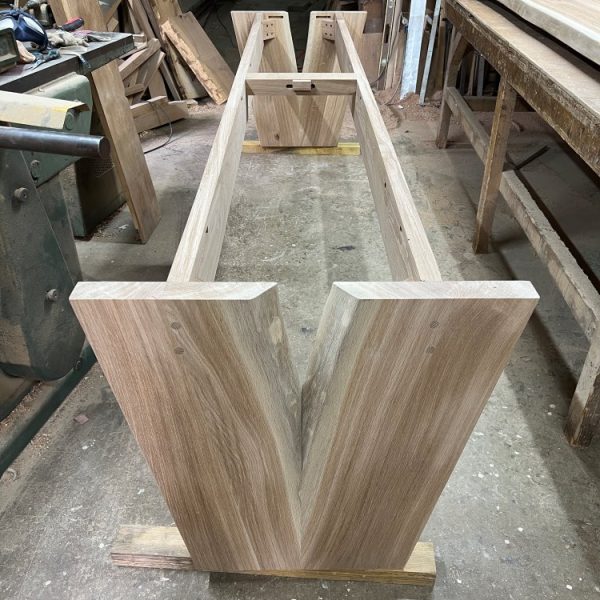 The table base is put together ready for the live edge top