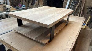 Live edge oak and steel coffee table