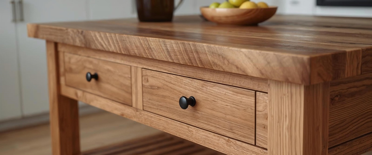 A small oak kitchen island